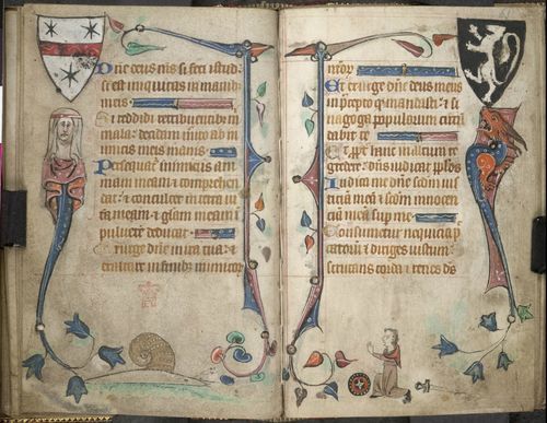 An opening from a Book of Hours, showing marginal illustrations of a snail and a disarmed knight.