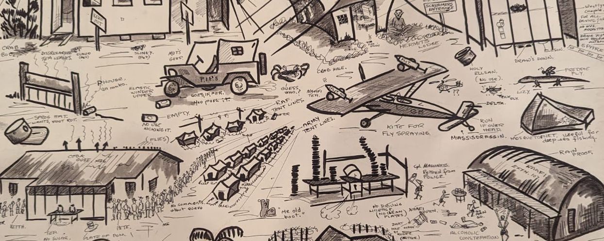 A black-and-white sketch of life on Christmas Island, depicting notable activities and landmarks.