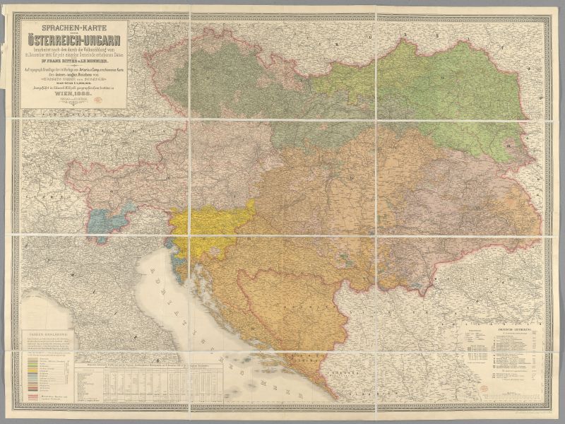 An 1888 map of languages of Austria-Hungary with the addition of Bosnia and Herzegovina, Maps 27727.(29.).