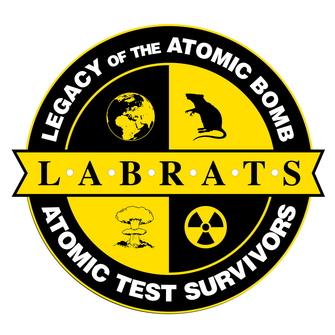 A black and yellow cylinder that mimics the traditional design of the radiation trefoil. A banner runs through the middle of the logo, with the word 'LABRATS'. Around the periphery of the logo are the words: 'Legacy of the Atomic Bomb Atomic Test Survivors', which is shorthand for the full LABRATS acronym (Legacy of the Atomic Bomb, Recognition for Atomic Test Survivors). The inner circle contains four images: a rat, a radiation symbol, a planet and a mushroom cloud.