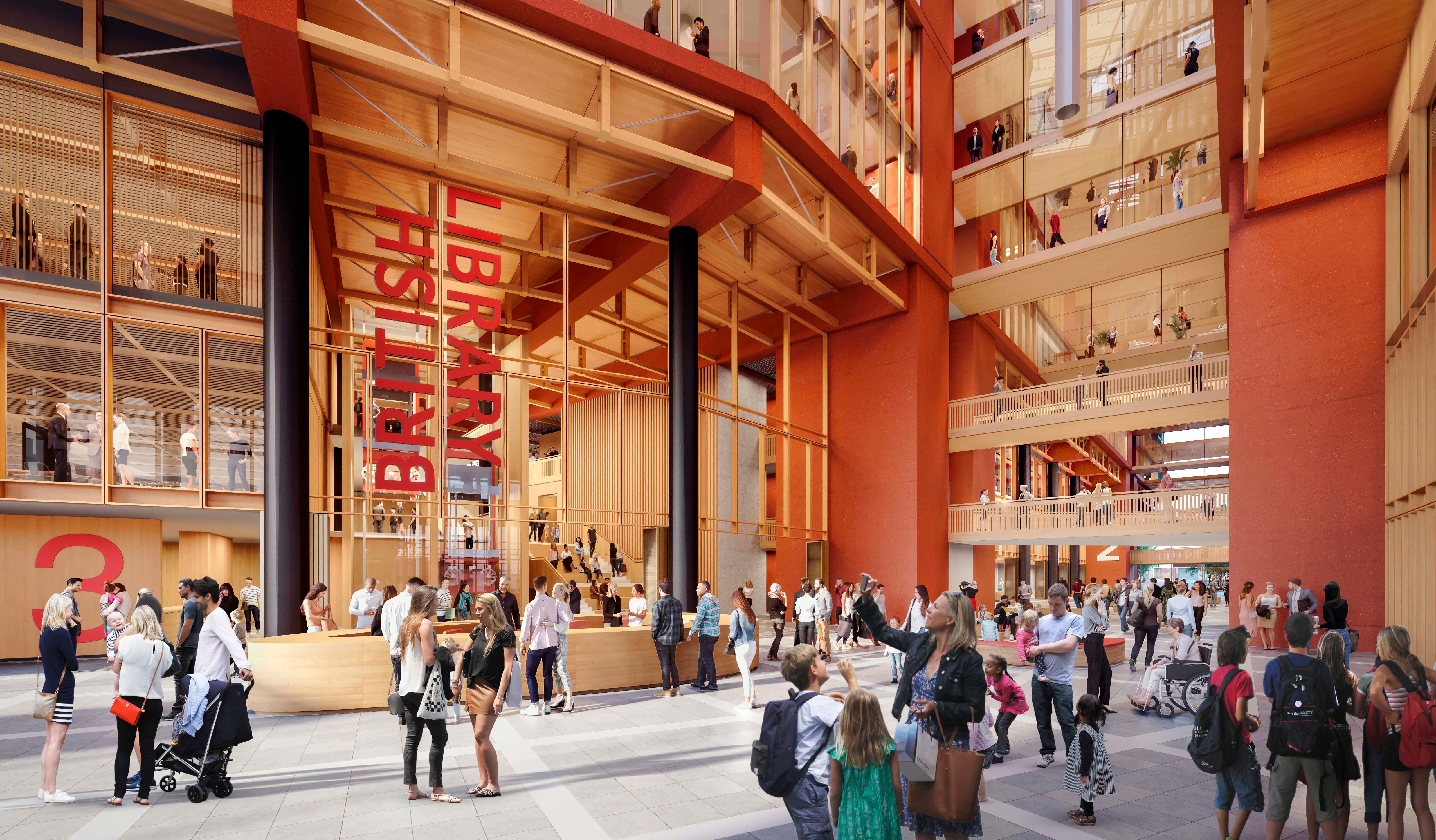 A visualisation of the renovated foyer in the British Library extension at St Pancras (looking south-west).