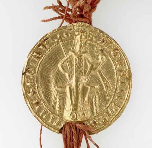 A golden bulla of Baldwin II, the last Western Emperor of Constantinople.