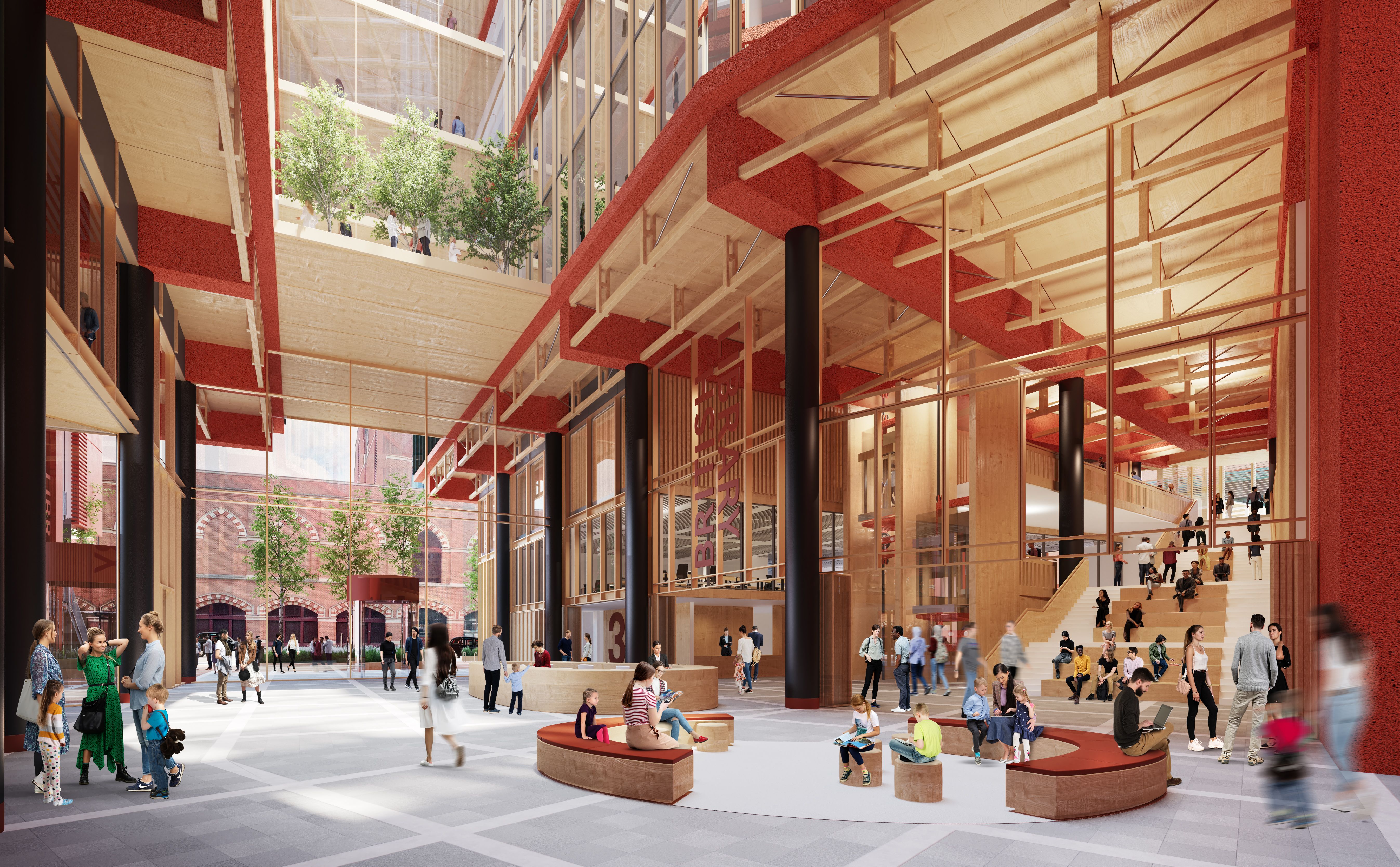 A visualisation of the foyer in the British Library extension at St Pancras (looking south-west).