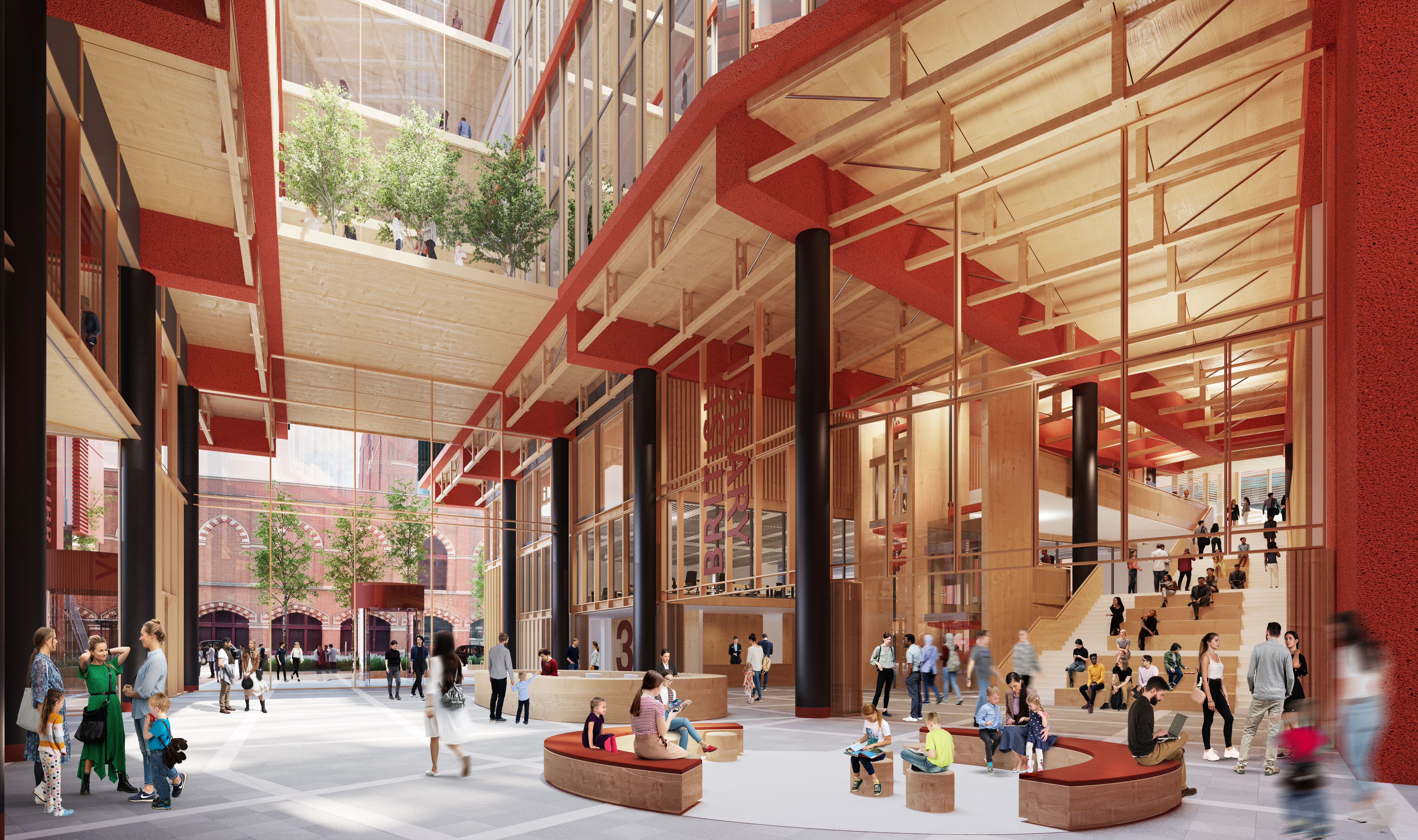 A visualisation of the foyer in the British Library extension at St Pancras (looking south-west).