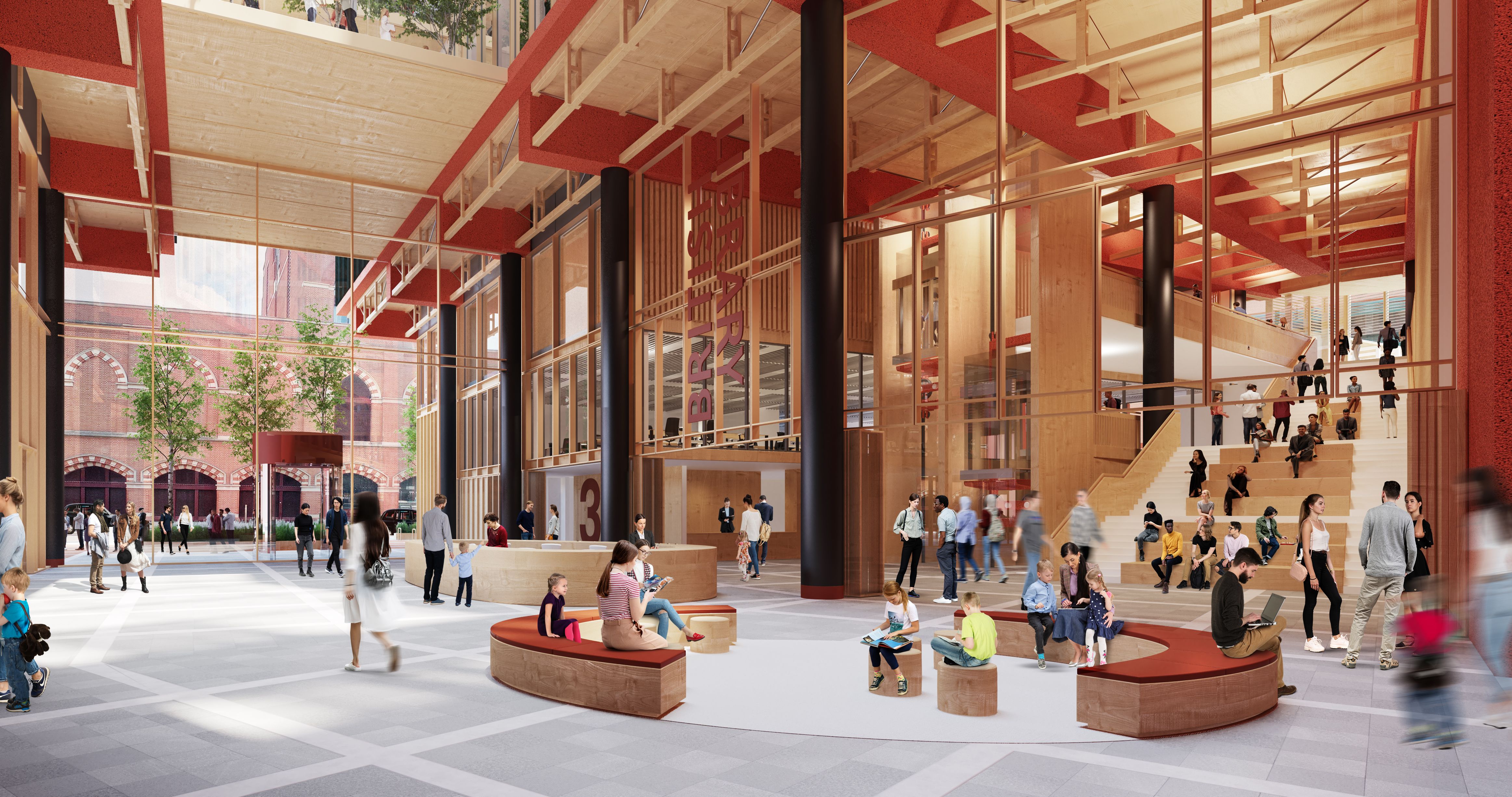 A visualisation of the foyer in the British Library extension at St Pancras (looking south-west).