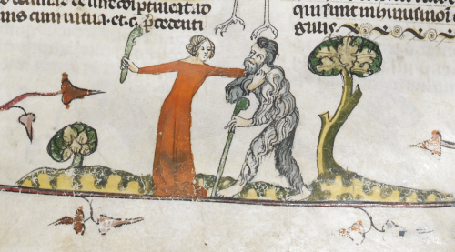 Woman demonstrates displeasure at wodewose's advances, Smithfield Decretals, Southern France (?Toulouse), c. 1300–1340, Royal MS 10 E IV, f. 73r.