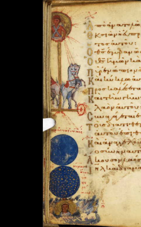 A marginal illustration from the Bristol Psalter, showing a personification of the rising and setting sun and orbs of the day and night.