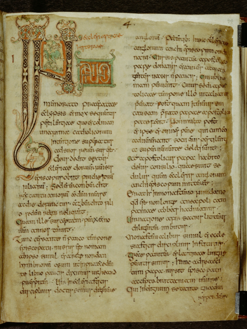 A page from the Tiberius Bede, showing a large decorated initial.