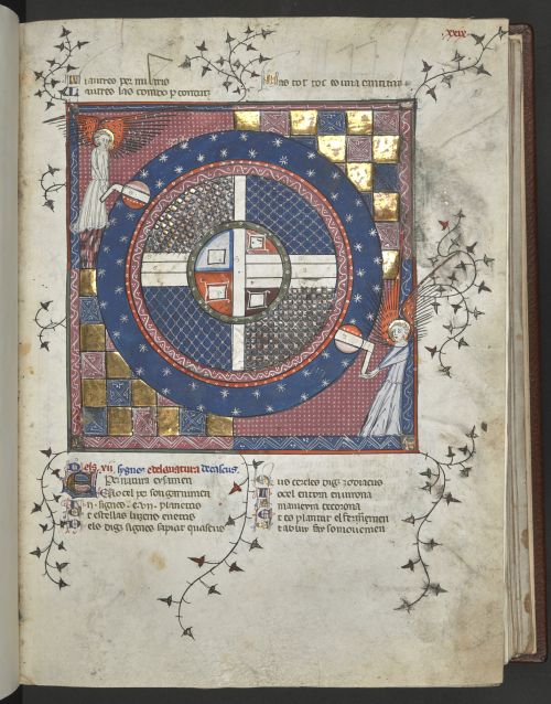 A page from a 14th-century manuscript, showing an illustration of two angels turning of the axes of the Earth.