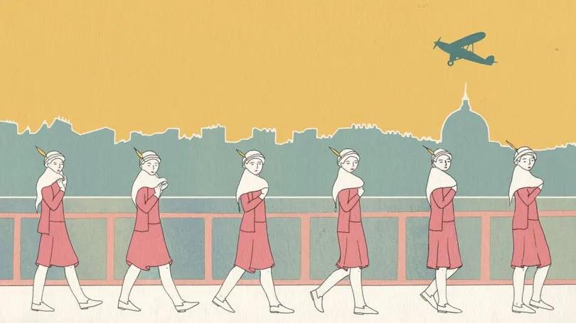 Illustration by Harriet Lee Merrion of six people walking below a skyline and a plane.