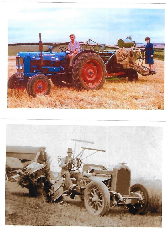 Two photographs, the first is a coloured vintage photo of a man astride a blue tractor. The other is a sepia photo with a man on an older tractor.