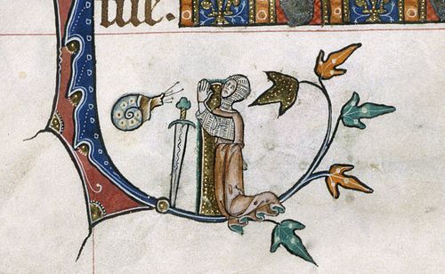 A marginal illustration from the Gorleston Psalter, showing a snail beside a kneeling knight.
