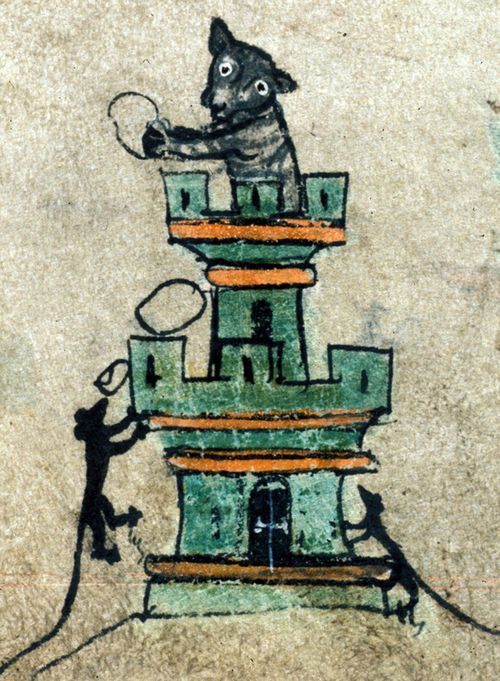 A detail from a 14th-century Book of Hours, showing an illustration of mice besieging a castle defended by a cat.