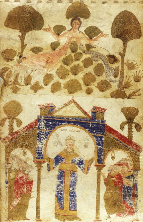 Manuscript detail. A figure in blue stand in a building, the figure is flanked by crowds of figures. Above, another figure.