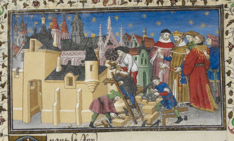 Alexander observes three stonemasons building a city.