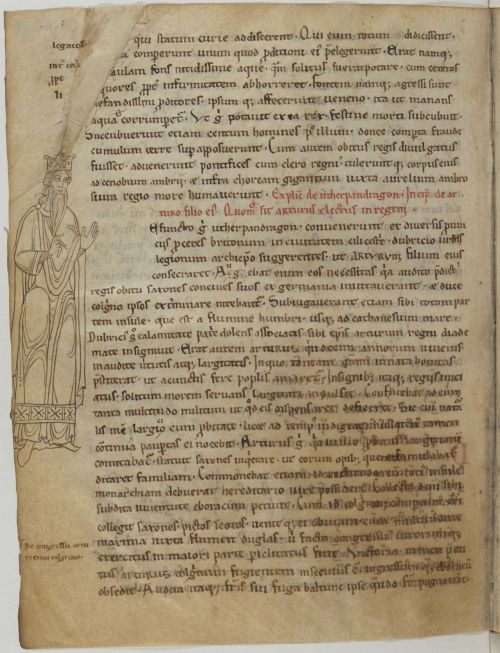 Manuscript page, to the left a line drawing of a man in robes and a crown