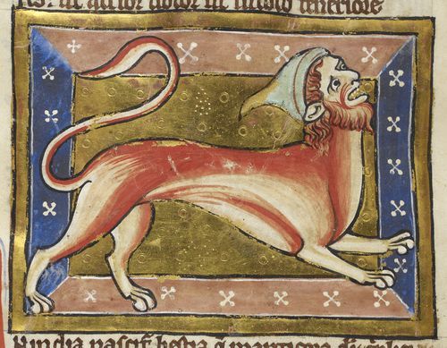 Detail of a miniature of a manticore from a bestiary with theological texts, England, c. 1200 – c. 1210.