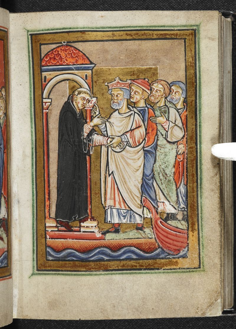 Image of St Cuthbert greeting King Ecgfrith, with three men behind him.