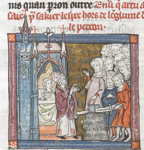 A crowd watches a figure in red holding a sword embedded in stone.