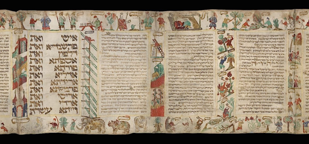 Exotic animals on the scroll, with text.