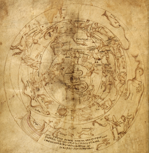 A detail from a medieval manuscript, showing a constellation map.