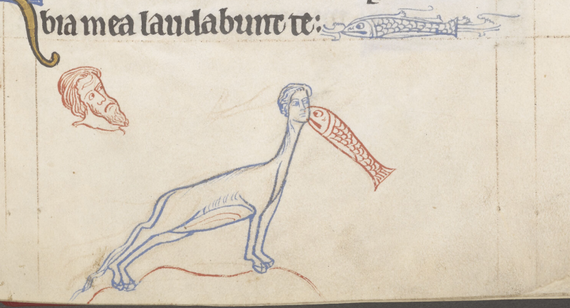 A fish confronting a horse-human hybrid with a human head to the left