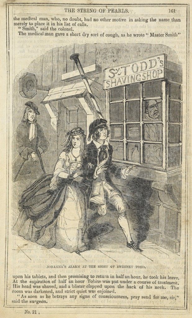 A man and woman walking past S. Todd's Shaving Shop