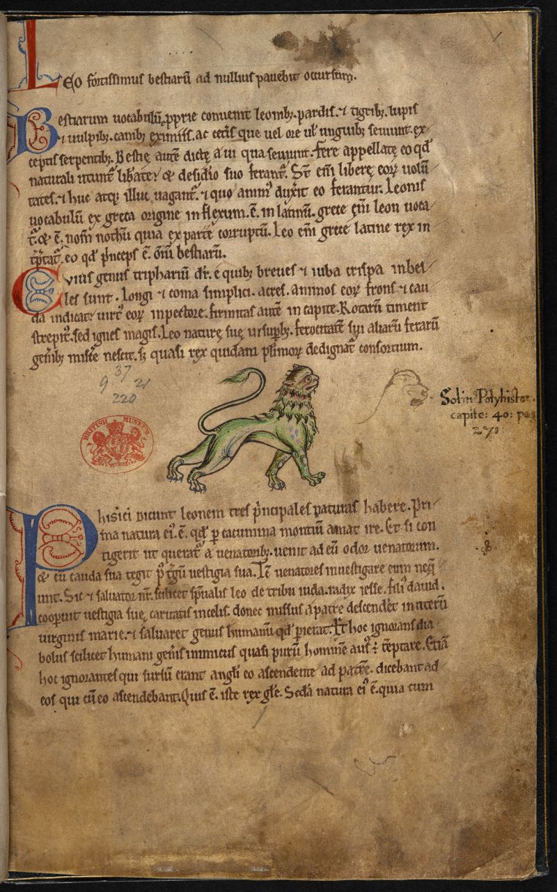 A page from a bestiary, illustrating a lion