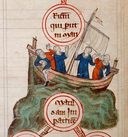 Illustration of a ship, four people in it, one had a leg dangling out of it