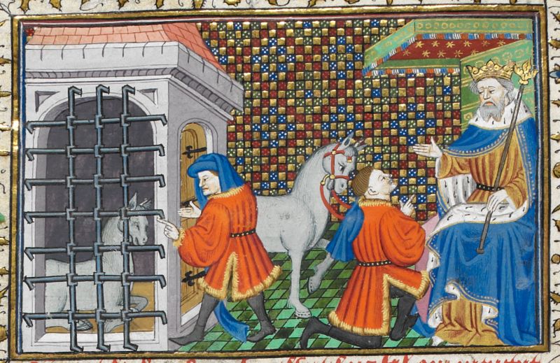 Bucephalus in a cage being tamed and brought to the king.