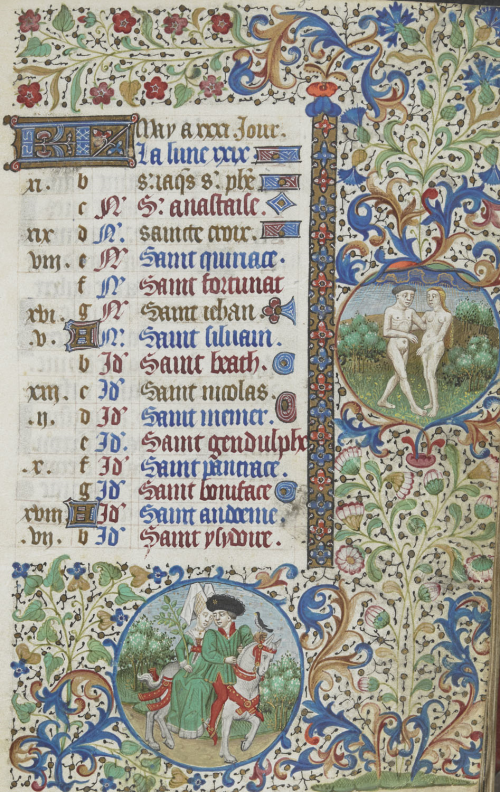 A decorated page from a 15th-century Book of Hours, showing illustrations of Adam and Eve and two lovers hawking.