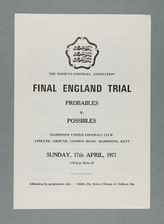 An England trials programme from 1977, featuring the final match between ‘Probables’ and ‘Possibles’.