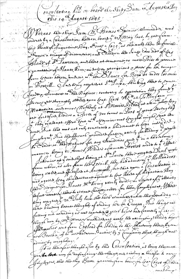 Black and white picture of Add. MSS. 14,037, fl. 10, 14 August 1645: an English plan to export enslaved people from Madagascar to Bahia de Todos os Santos, then the Brazilian colonial capital.