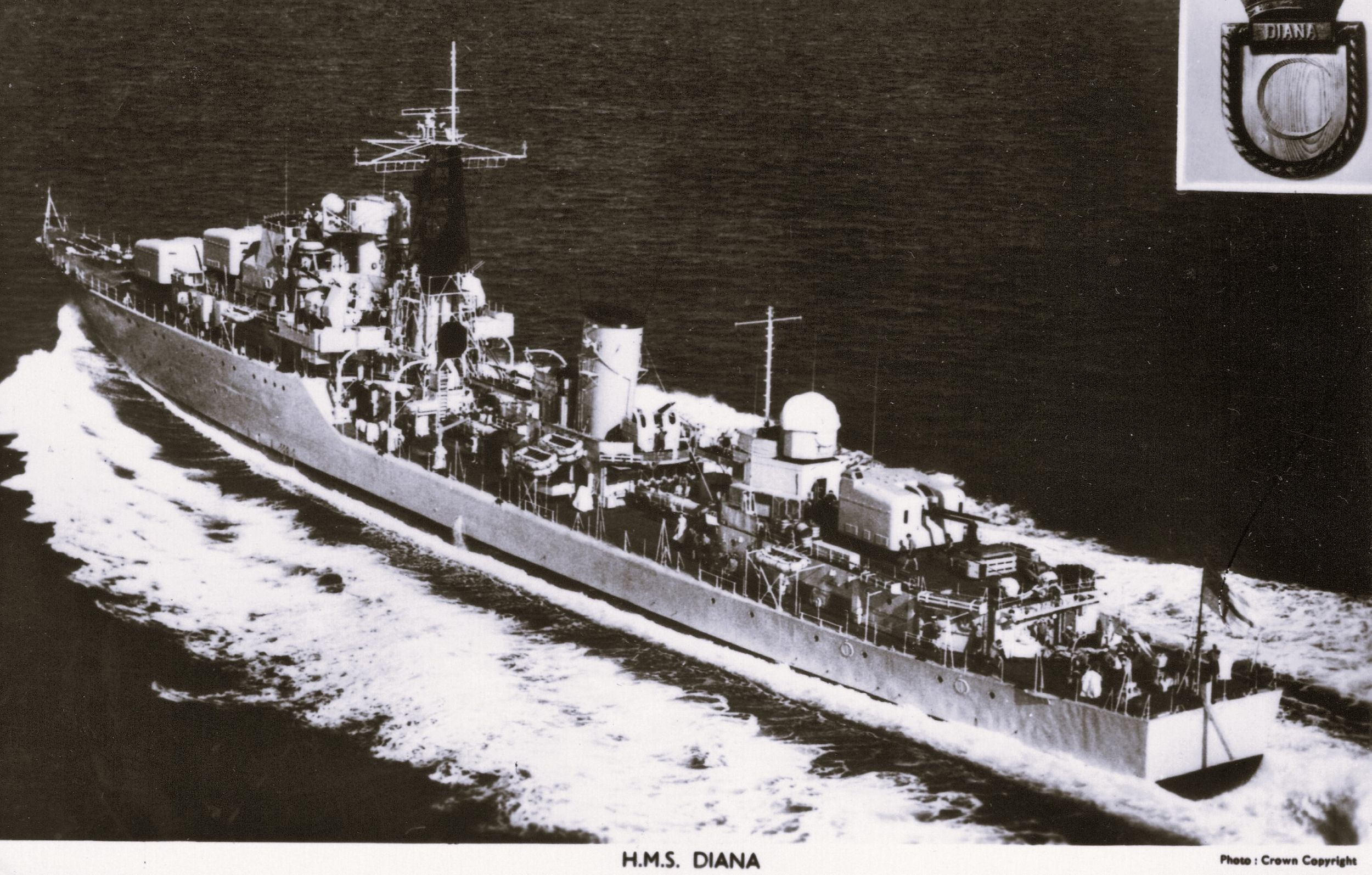 A bird's eye view of HMS Diana as she cuts through the waves.