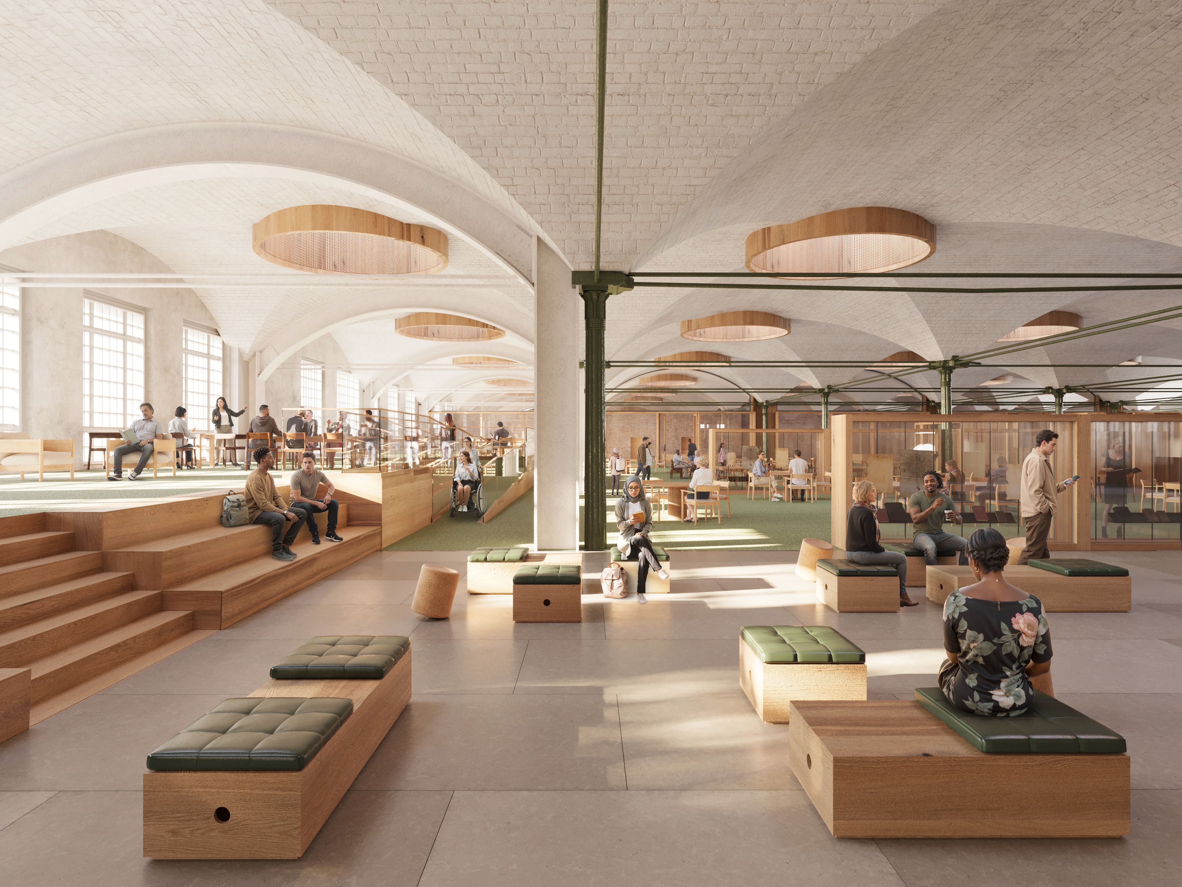 An artist impression of people sitting and standing in a large, bright hall with a vaulted ceiling.