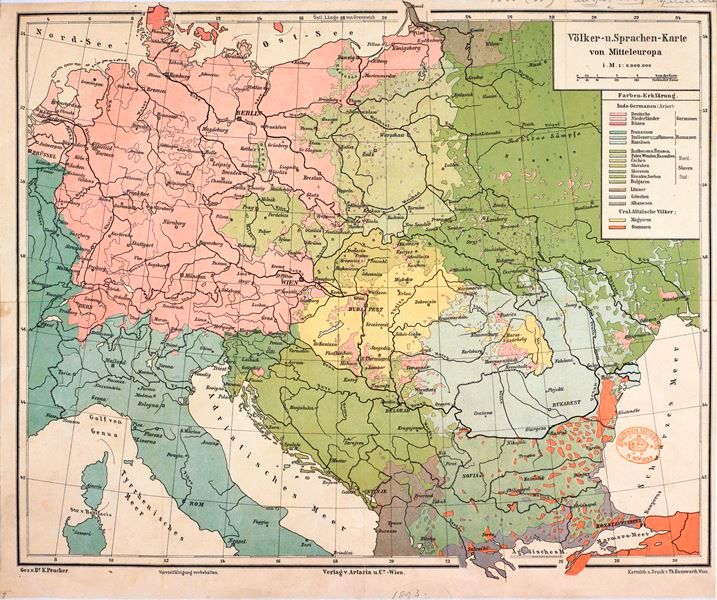Coloured map showing peoples and languages of Central Europe in 1893