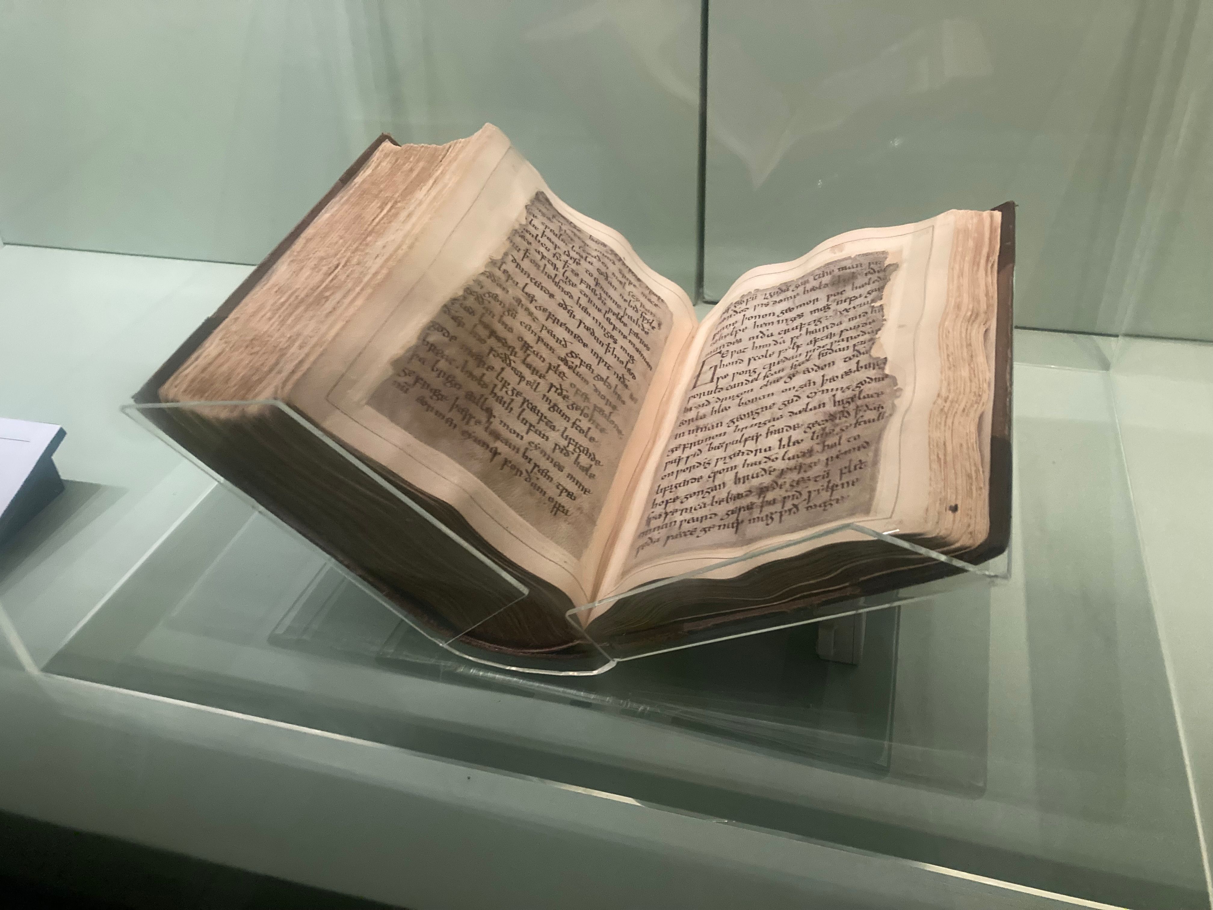 The Beowulf Manuscript on display in the British Library's Treasures Gallery.