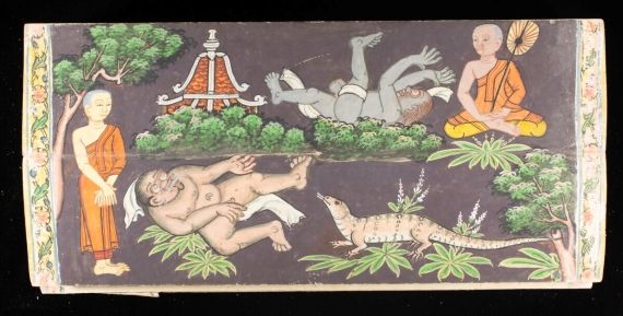 Scene of Buddhist monks in morbid meditation with corpses set in a natural environment, including a large lizard.