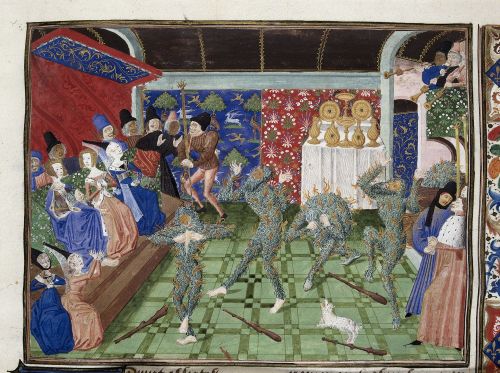 The 'Bal des Ardents' from Froissart’s Chroniques, Southern Netherlands, c. 1470–72, Harley MS 4380, f. 1.