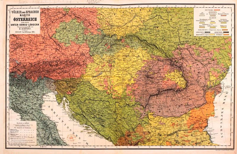 Coloured 1867 map of peoples and languages of Austria and lower Danube countries in 1867