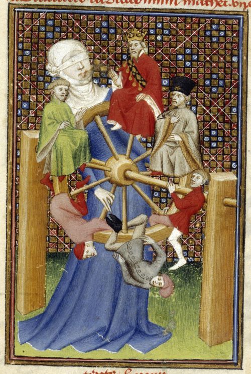An illustration of the Wheel of Fortune, from Christine de Pizan's The Book of the Queen.