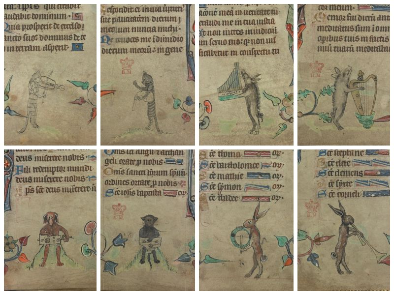 Details of animals playing musical instruments from the marginalia of Harley MS 6563
