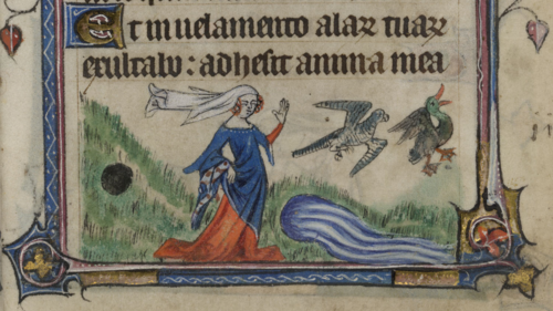 A detail from the Taymouth Hours, showing an illustration of a woman watching a hawk fly towards a duck.