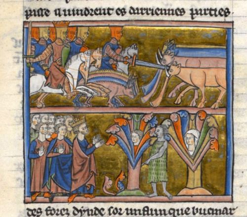 Top: knights on horseback attack cloven hooved animals with trumpet like trunks.  Bottom: Men, crowned man in front, looking at two trees with heads on them