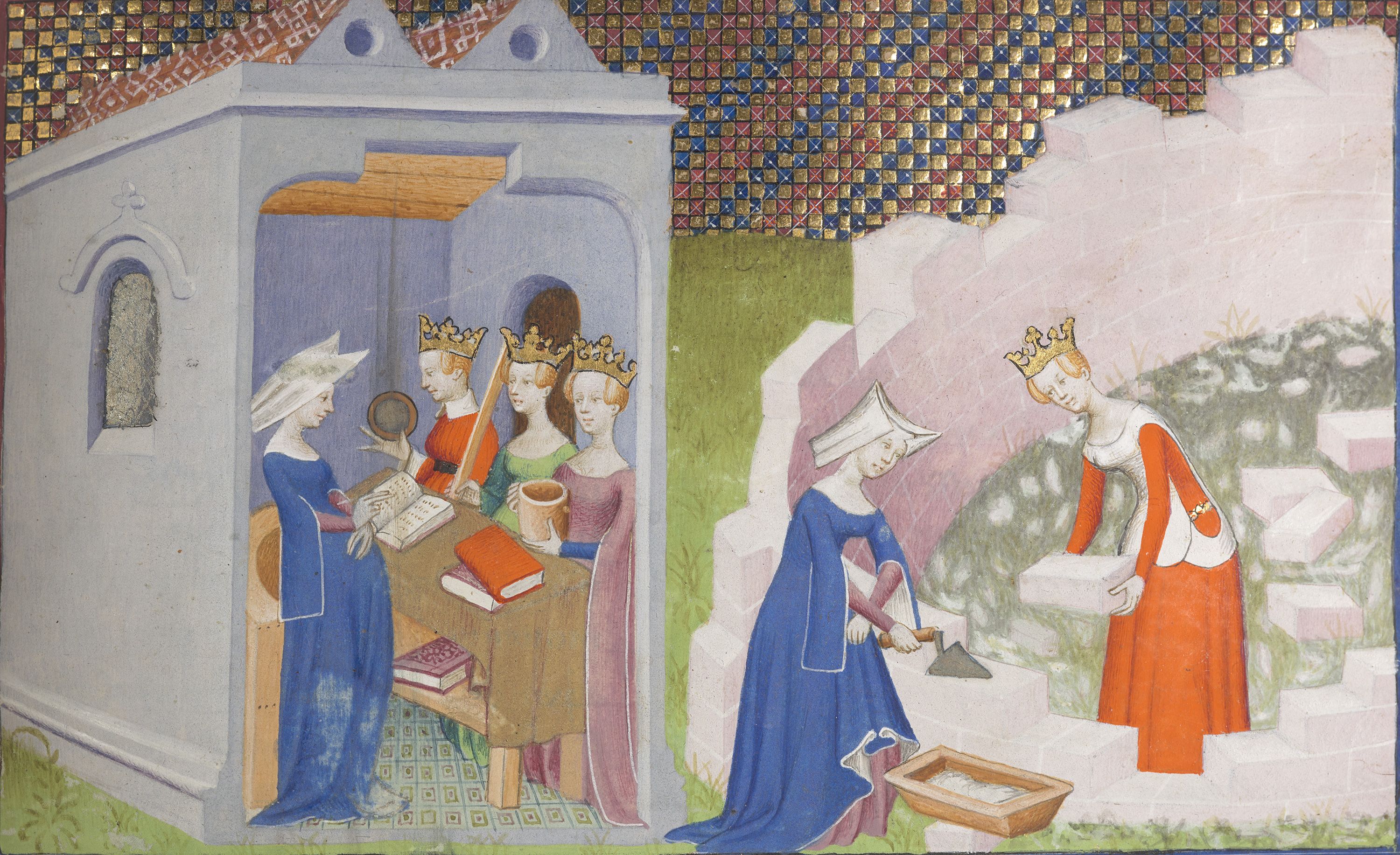 Medieval women reading and building a wall.