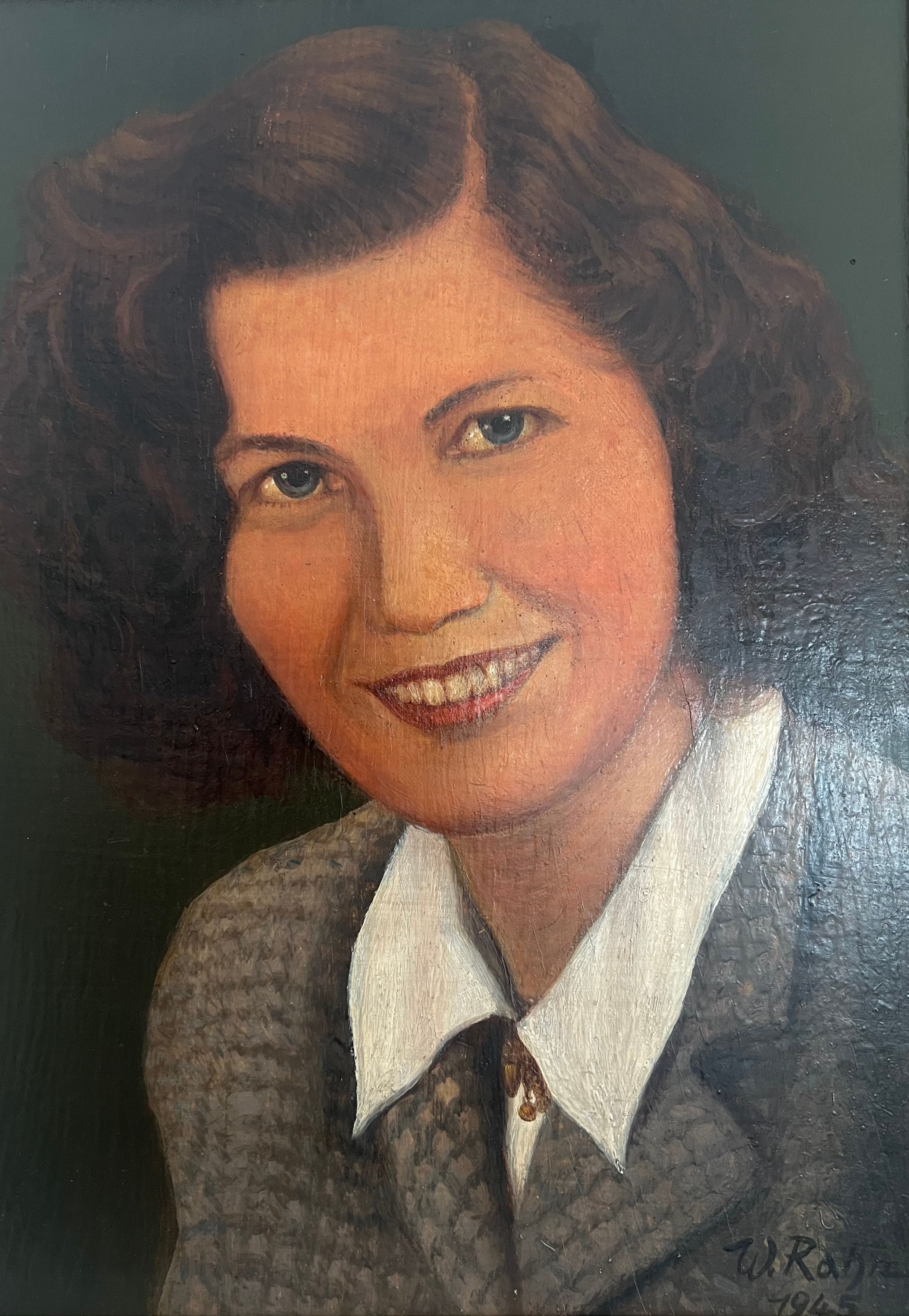 An acrylic-based portrait of Neil Rose's mother, painted by a German Prisoner of War.