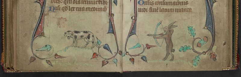 An opening from a Book of Hours, featuring a marginal illustration of a rabbit hunter aiming at a dog with a bow and arrow.
