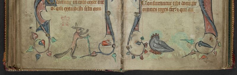 An opening from a Book of Hours, featuring a marginal illustration of a fox preaching to a flock of birds.