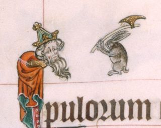 An axe-wielding rabbit approaches a king
