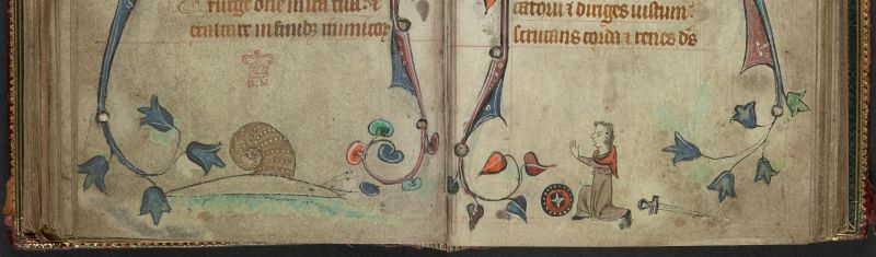 An opening from a Book of Hours, featuring a marginal illustration of an armed man surrendering to a snail.